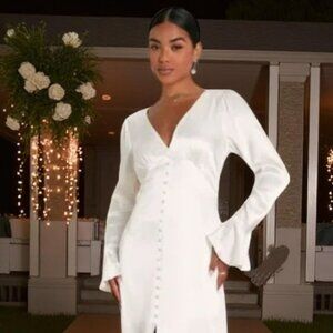 Lulus Elegant Celebration White Satin Long Sleeve Slip Maxi Dress/NWT